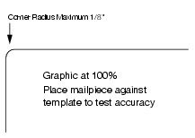 Illustration depicting the maximum corner radius (not to exceed 0.125 inch) for letter-size, flat-size, card-type, and parcel mailpieces.Click on graphic to view at 100%, then place mailpiece against template to test accuracy. (click for larger image)