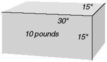 This graphic shows an example of a package requiring a Balloon rate surcharge. It is 10 pounds and measures 30 inches long, 15 inches wide and 15 inches tall.